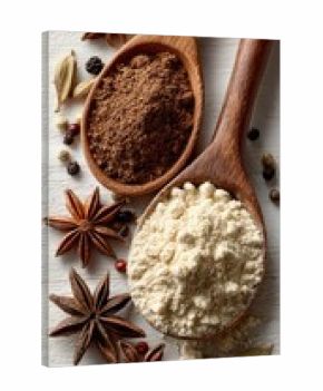 Wooden spoons with dark cocoa powder and light-colored spice blend, surrounded by star anise, peppercorns, and cardamom