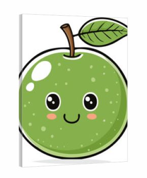 Cute happy green apple cartoon character with big eyes and rosy cheeks illustration