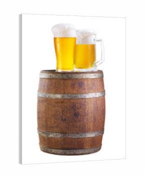 cold mug and glass of beer on wooden barrel isolated on transparent background