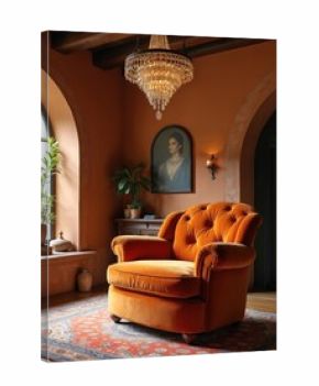 Luxurious oversized burnt orange velvet armchair with tufted upholstery. Antique furniture with warm earthy tones and rustic ambiance in an elegant room featuring refined wallpaper and classic charm.