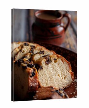 Mexican sweet bread with sliced ​​raisins with a blurred handmade clay cup in the background, close-up photography, foods high in sugar and gluten vertical macro photography