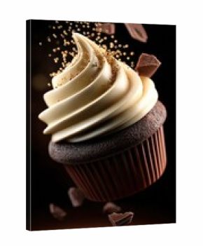 Chocolate cupcake with creamy frosting and gold sprinkles against a dark background, a decadent dessert