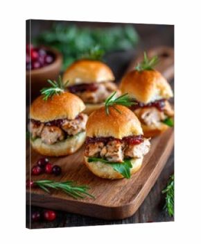 Pulled turkey sliders with cranberry sauce on wooden board garnished with rosemary. Mini sliders with turkey and cranberry BBQ sauce on wooden board, concept of festive homemade food