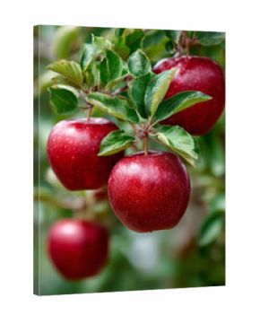 Red apples hanging from a branch with green leaves.