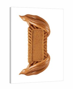 A close-up studio shot shows a single, rectangular, brown Lotus Biscoff cookie standing vertically, enveloped by a swirl of smooth, glossy, brown cookie butter on a white background.