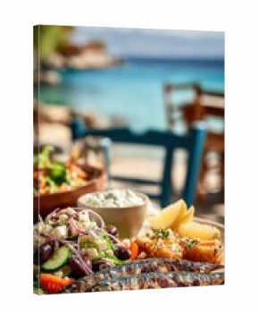 Greek food feast by the sea, grilled fish, salad, and tzatziki enjoying seaside view