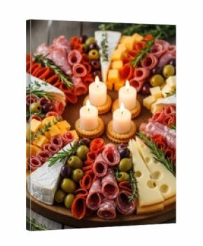 festive charcuterie board arranged in shape of a Christmas wreath. assortment of cheeses, salami, olives, tomatoes, rosemary, with advent candles. gourmet dish for a holiday party or Christmas dinner