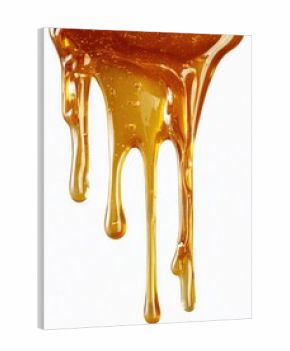 Golden honey drips against white background