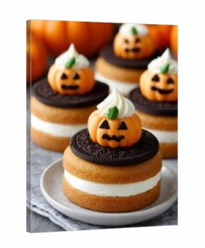 Halloween whoopie pies decorated with jack o' lantern pumpkins and chocolate cookies