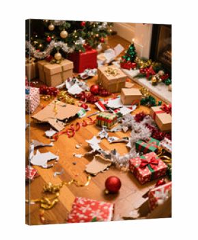Bright post holiday chaos scene with discarded boxes wrapping paper and tangled ribbons scattered on floor