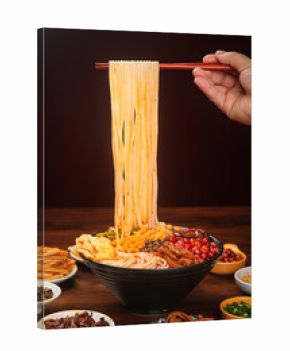 Liuzhou Rice Vermicelli Noodles with Chopsticks - Traditional Chinese Cuisine on Wooden Table