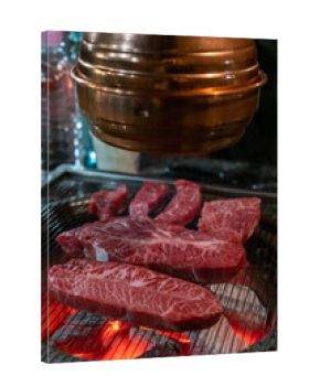 Hanwoo Beef, Korean Style Meat on the Grill. BBQ rare meat with soft focus