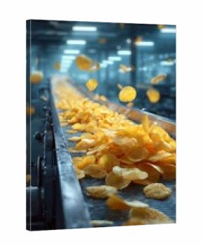 Potato chips on conveyor belt in factory during processing at industrial facility in bright lighting
