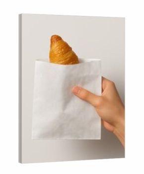 A hand holding a fresh golden croissant in a blank white paper bag on a gray background