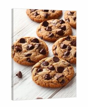 Golden brown chocolate chip cookies freshly baked and arranged on a white wooden surface, evoking warmth and indulgence