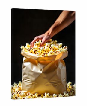 Hand reaching into bag of popcorn with scattered kernels around  