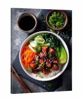 Asian teriyaki tofu rice bowl with bok choy, carrots, sesame, scallions