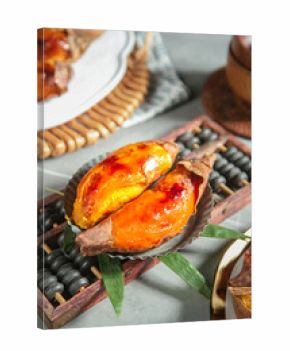 Shandong Baked Sweet Potato Traditional Chinese Regional Cuisine Golden Orange Flesh Bamboo Serving Tray
