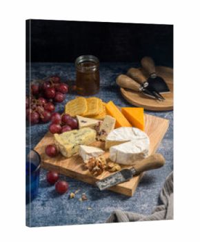 Cheese board, different types of cheese on a board, served with grapes and dried fruits.