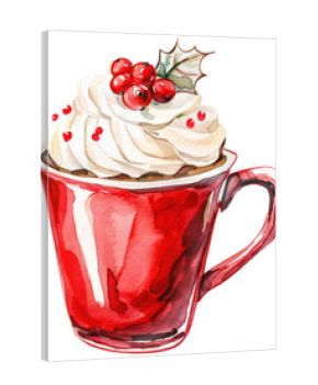 PNG An isolated hot chocolate in a red cup with whipping cream with red Christmas berry on top illustration watercolor background.