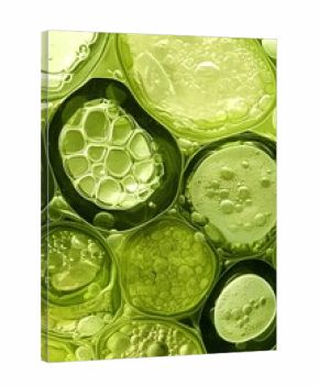 Vibrant macro close-up of interconnected green liquid spheres and abstract cellular patterns, showcasing a dynamic interplay of light and shadow within an organic fluid composition