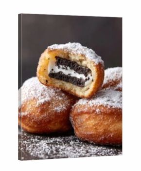 Freshly fried Oreo dessert, cut in half to reveal creamy filling and chocolate cookie, dusted with powdered sugar, showcasing indulgent treat with copy space