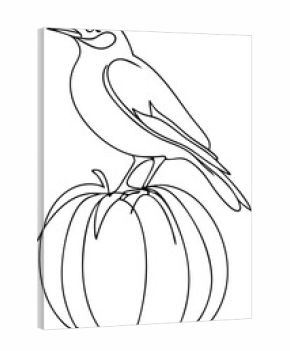Continous line drawing line art a bird perched a pumpkin autumn fall