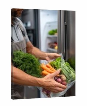 Fresh leafy greens are being carefully stored in a refrigerator, emphasizing the importance of nutrition and meal preparation