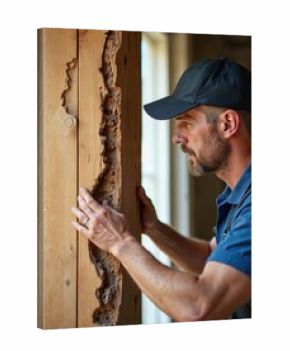 Man inspects damaged wooden beam with tunnels from termites. Builder checks structural integrity of old house material. Needs wood repair and pest extermination service.