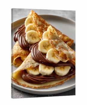 Delicious crepes with banana and chocolate on plate, closeup