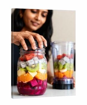 Indian woman joyfully preparing colorful fruit smoothie