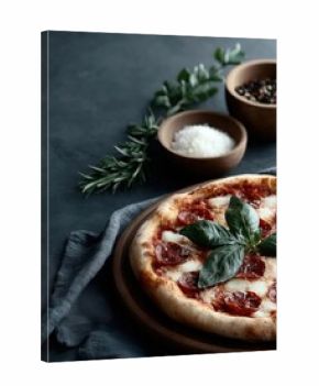 Pizza with tomato sauce on a dark background, Italian food