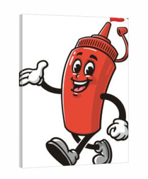 Cartoon mascot of a ketchup sauce bottle is walking