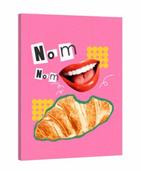 Pop art image poster 3d banner collage of happy faceless mouth bite puff dough croissant bakery nutrition bagel nom nom diet