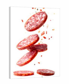 Salami slices and spices falling on transparent background