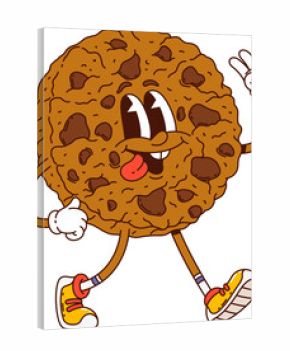 Cartoon groovy cookie or sweet dessert character of bakery pastry, vector personage. Funny groovy chocolate biscuit or cookie pastry character with funky yummy tongue out and peace cool gesture