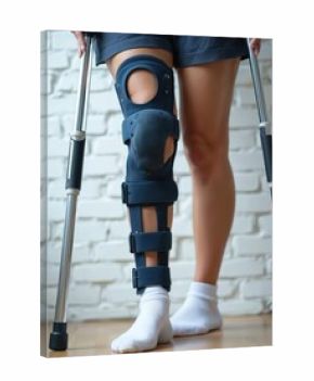 Woman wearing knee orthosis brace walks with crutches after leg surgery. Patient during rehabilitation and recovery from injury. Female uses orthopedic splint for support, stability and pain relief.