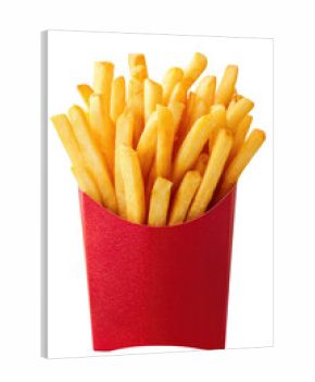 Golden french fries in a red paper container