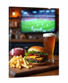Juicy burger with fries and beer on wooden table. Football game plays on screen in sports bar. Enjoying match with friends, food and cold drink.