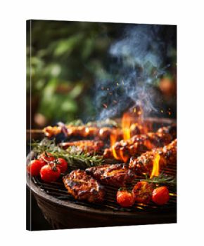 A grill with meat and vegetables on it, including tomatoes and onions
