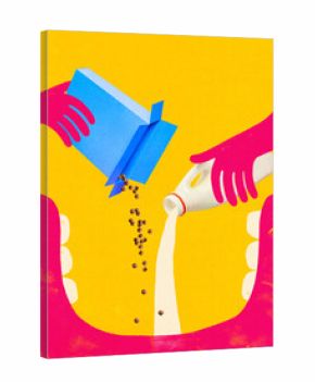 Creative digital artwork. Pink hands pouring cereal and milk into open mouth on yellow background. Concept of breakfast energy, dynamic composition, surreal illustration, and lifestyle design.