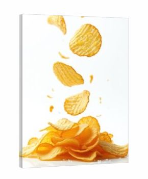 Rippled potato chips cascade into a crunchy pile against a clean white backdrop. Individual crisps float mid air, salted and golden fried, ready to eat.