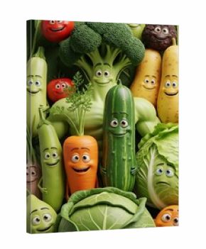 Cheerful cartoon vegetables smiling and posing together in a healthy food concept
