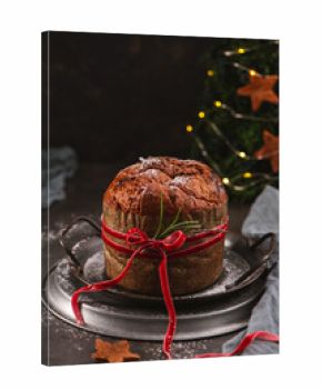 Traditional Panettone with Red Velvet Ribbon and Decor