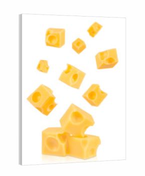 Falling cubes of Swiss cheese with round holes isolated on white background, dairy product concept with copy space for text, ideal for advertising, banner, or food design template