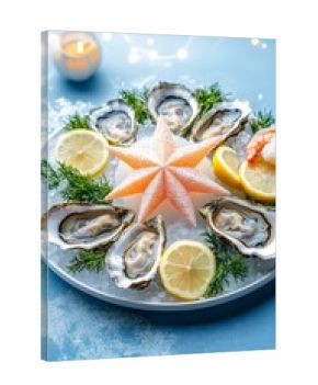 Fresh oysters on ice with lemon slices, dill, shrimp, and a star decoration, creating a festive holiday appetizer