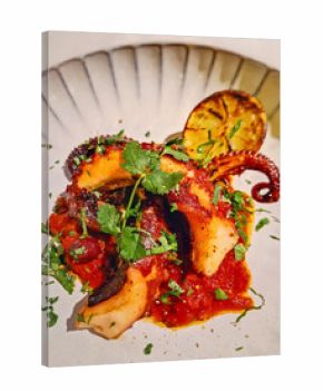 Close-up rich gourmet seafood dish. Tender charred octopus tentacles on a bed of chunky tomato sauce, garnished with fresh cilantro or parsley and caramelized lemon slice on a large, white plate