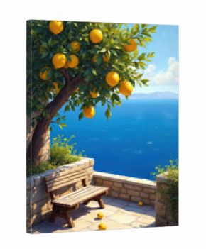 Seaside view with lemon tree over deep blue sea water and sky. Wooden bench on terrace. Landscape design background for vacation. Ripe yellow lemons grow in summer sunny day. Scenery artwork.