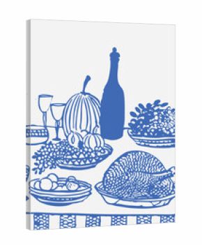 Vintage Thanksgiving feast sketch with roasted turkey, pies, vegetables and wine bottles in hand drawn style