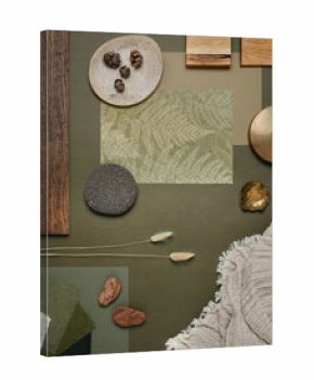 Green and earthy mood board featuring wood, stone, dried plants, and natural fabrics. A nature-inspired interior design concept.